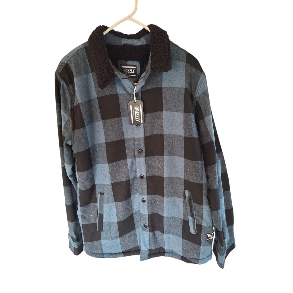 Grizzly Button‎ Front Jacket Mens Large Blue Cotton Blend Check Fleece Lined New